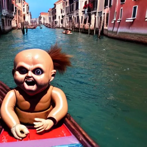 Image similar to a screaming chucky doll swimming after a gondola of tourists in venice