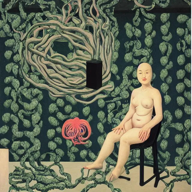 Image similar to a female pathology student in her apartment, wrapped in vines, medical equipment, zen, stepping stones, octopus, pig, black walls, ikebana, black armchair, sculpture, acrylic on canvas, surrealist, by magritte and monet