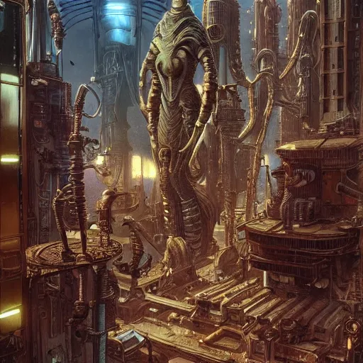 Prompt: a scifi family in an epic steampunk city, by moebius and hr giger, cinematic, 8 k