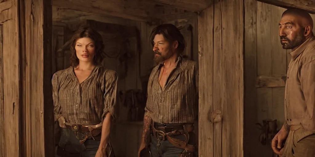 Prompt: in an old west cabin, close up portrait of beautiful Mila Jovovich (alone) in the doorway and Dave Bautista cowboy standing opposite ((alone)) at the window, arguing, symmetrical, in the style of Fredrick Remington, oil painting, cinematic