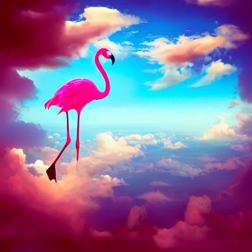 Image similar to a goddess wearing a flamingo fashion in the sky water, photoshop, colossal, creative, giant, digital art, city, photo manipulation, clouds, sky view from the airplane window