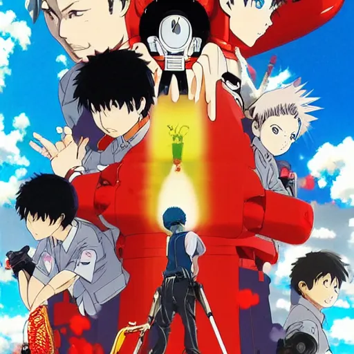 Image similar to incredibly powerful Anime Boy, created by Hideaki Anno + Katsuhiro Otomo +Rumiko Takahashi, Movie poster style, box office hit, a masterpiece of storytelling, main character center focus, mech characters and aliens, worm holes paint sky, highly detailed 8k