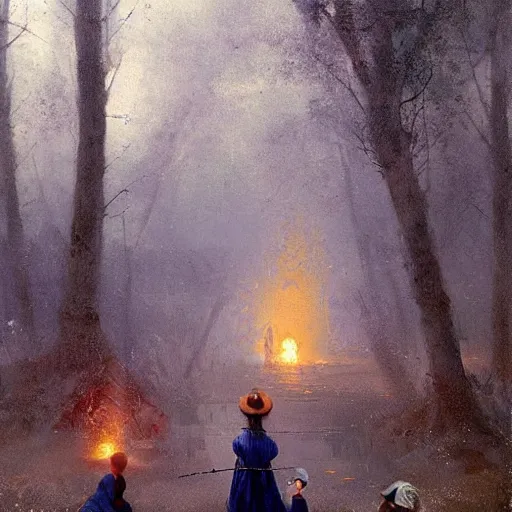 Prompt: hell, with real demons and little girls wearing a blue and white fishing hats by Greg Rutkowski, tonalism, extremely detailed, UHD, correct faces, real hellscape in background, hyperrealistic hell