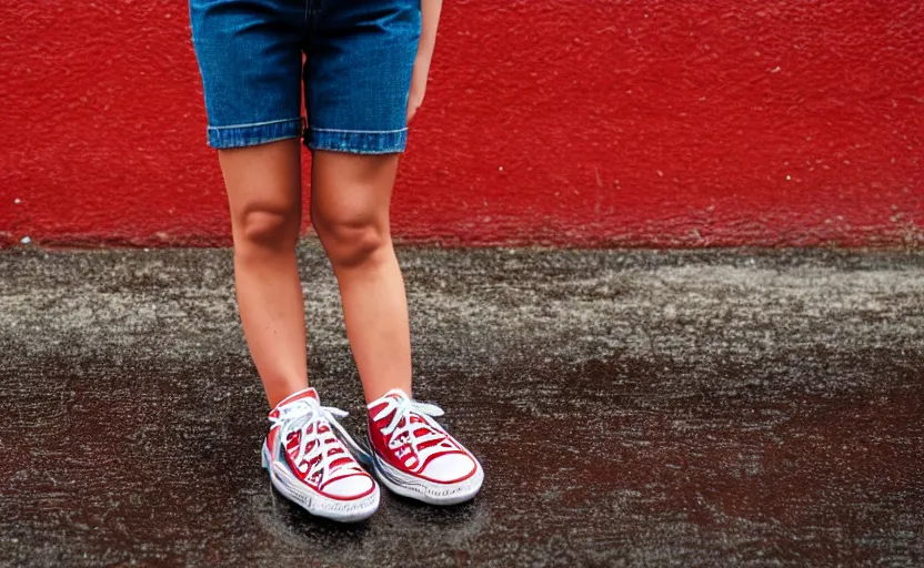 Image similar to side view of the legs of a woman sitting on a curb, very short pants, wearing red converse shoes, wet aslphalt road after rain, blurry background, sigma 8 5 mm