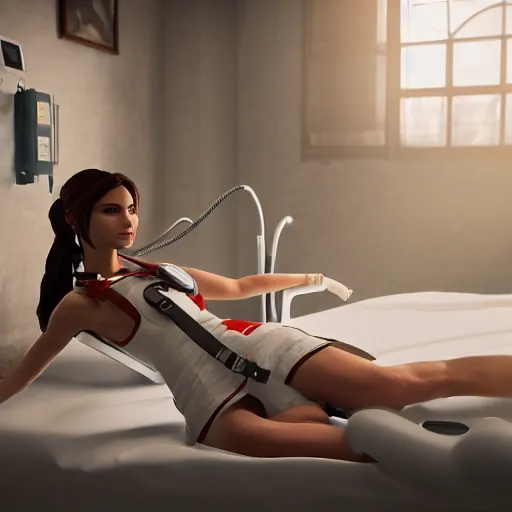 Image similar to lara croft, wearing a nurse outfit, resting on a hospital bed, real photo, hospital interior, intricate, soft lighting, cinematic composition, hyper realistic, 8k resolution, unreal engine 5