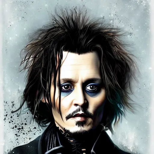 Prompt: portrait of johnny depp as edward scissorhands, highly detailed, centered, solid color background, digital painting