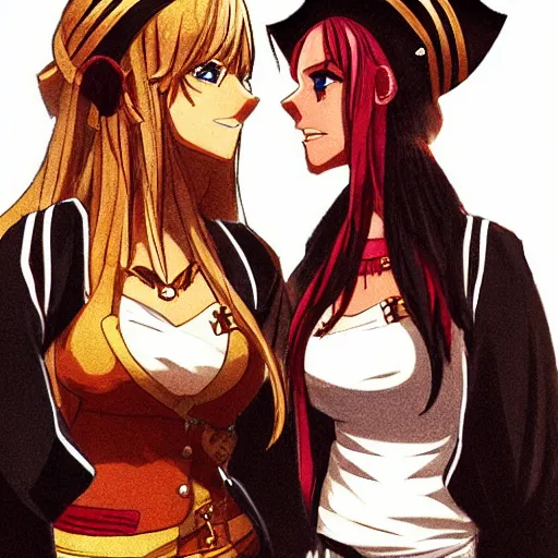 Prompt: a scene of two beautiful female pirate captains standing face to face, detailed anime art