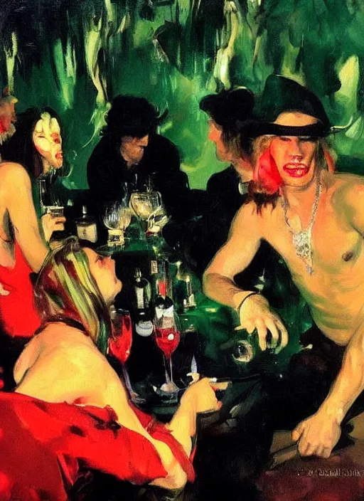 Image similar to glam rockers drinking brutal and raw wine, inside a green cave with red lights by joaquin sorolla, phil hale, extremely detailed