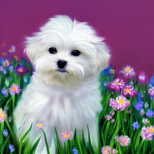 Prompt: cute fluffy maltese puppy sitting in a field of spring flowers detailed painting 4 k