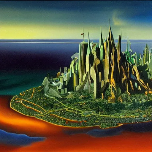 Image similar to a highly detailed matte painting of a glowing emerald city in oz by salvador dali, 8 k resolution