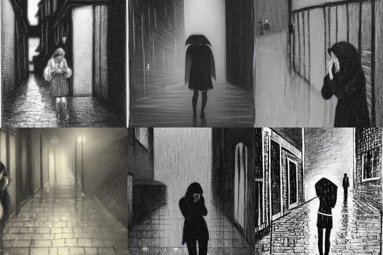 Prompt: a woman crying in a rainy alleyway at night, monochrome