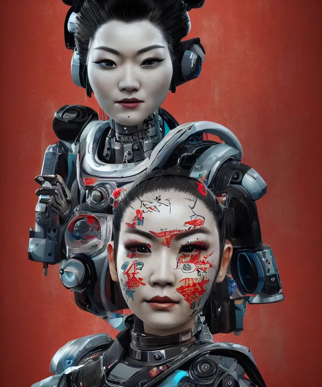 Image similar to an epic fantastic realism comic book style portrait painting of a japanese robotic geisha with kanji tattoos and decals, apex legends, octane render, intricate detail, 4 k hd, unreal engine 5, ex machina, irobot