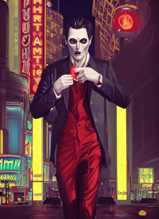 Image similar to 35mm kodak portra portrait a vampire on the Las Vegas strip at night by tomer hanuka and tom bagshaw, handsome face, hyper realism, high detail, octane render, 8k, trending on artstation, CGsociety, concept art