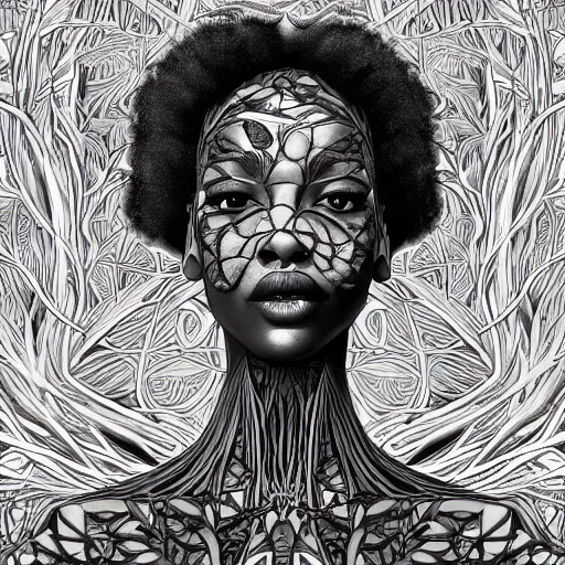 Image similar to the head of an unbelievably elegant and beautiful black woman partially made of potatoes roots and violets, an ultrafine detailed illustration by james jean, final fantasy, intricate linework, bright colors, behance contest winner, vanitas, angular, altermodern, unreal engine 5 highly rendered, global illumination, radiant light, detailed and intricate environment