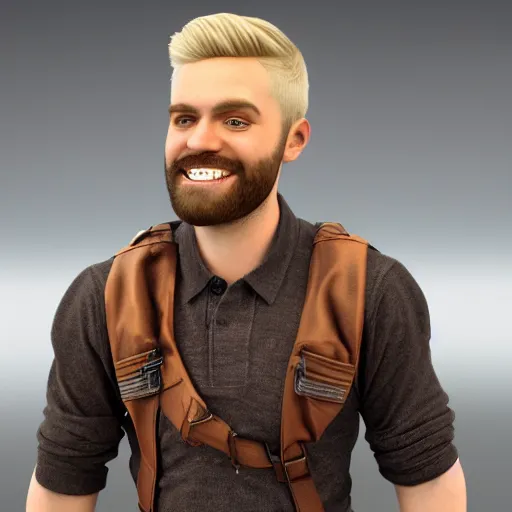 Image similar to attractive strong built irish english man with a chin beard and spiky blonde hair smiling at the camera, 3D octane render, character design