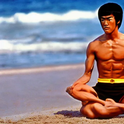 Image similar to bruce lee, meditating on beach, 4 k high definition