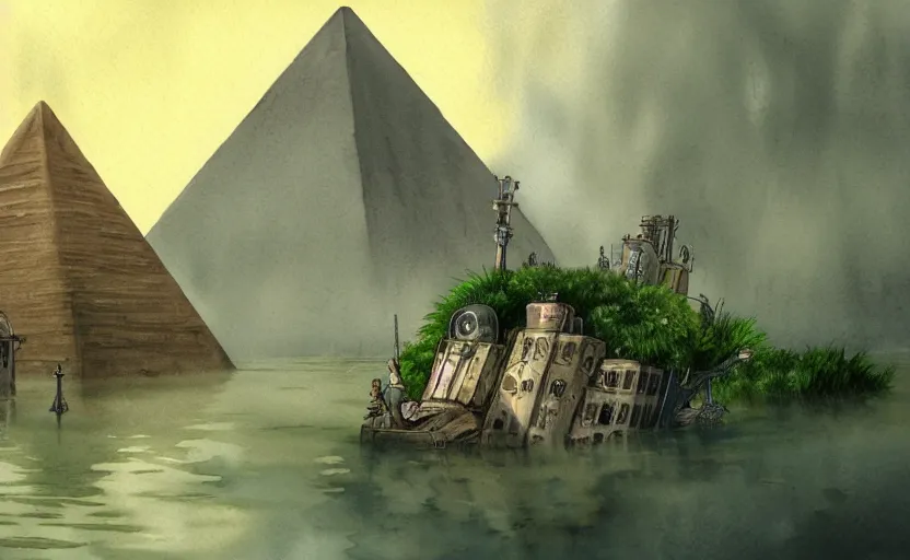 Prompt: a realistic and atmospheric cell - shaded watercolor concept art from howl's moving castle ( 2 0 0 4 ) of a sci - fi city and an egyptian pyramid complex in a flooded rainforest. very dull muted colors, hd, 4 k, hq