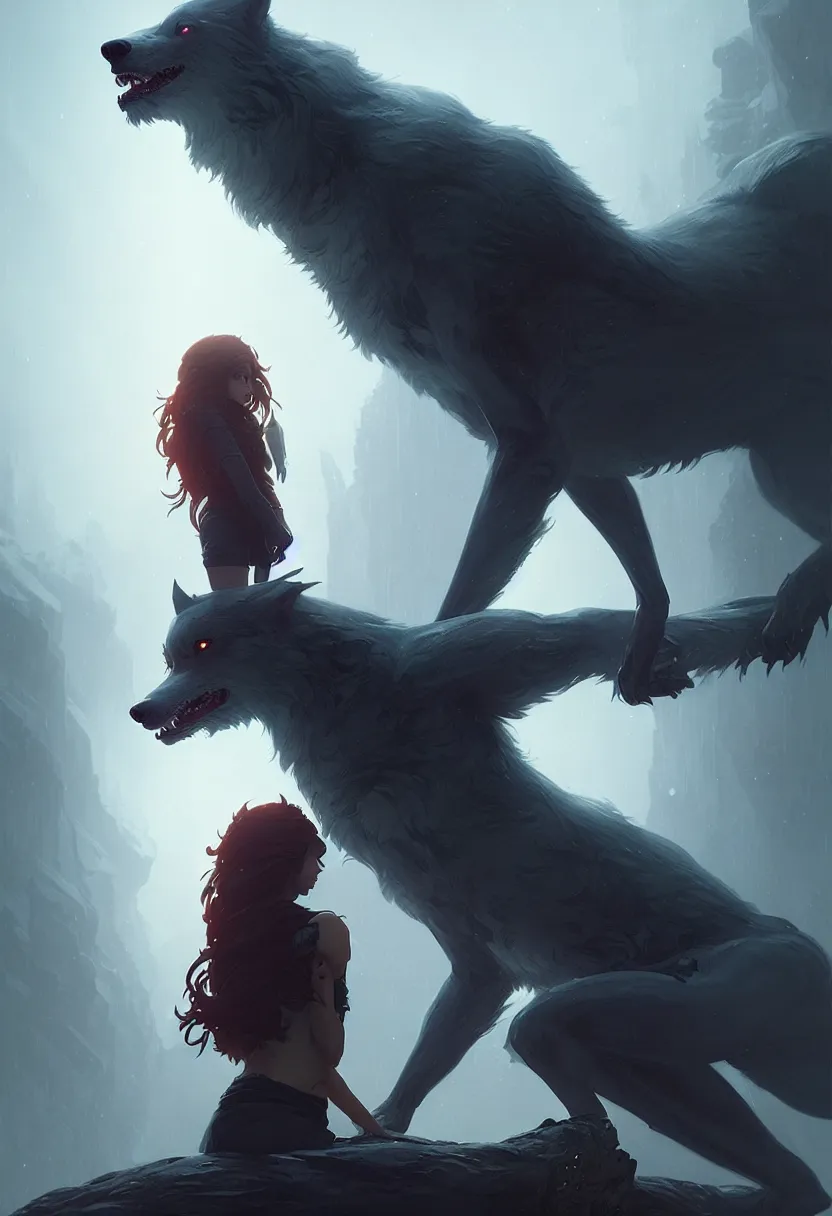 Image similar to book cover for a love story between a werewolf and red headed german girl, ultra high definition, ultra detailed, symmetry, fog, matte painting, by greg rutkowski and ross tran and wlop