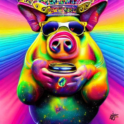 Image similar to lisa frank action pose pig wearing a gold crown holding pop can painting by android jones