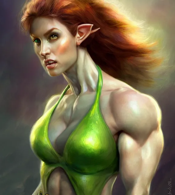 Prompt: muscular female elf, perfect face, tiara, pale green halter top, auburn hair, abs, cinematic, blush, stunning, athletic, strong, agile, highly detailed, psychedelic, digital painting, artstation, smooth, hard focus, illustration, art by jessica rossier and and brian froud