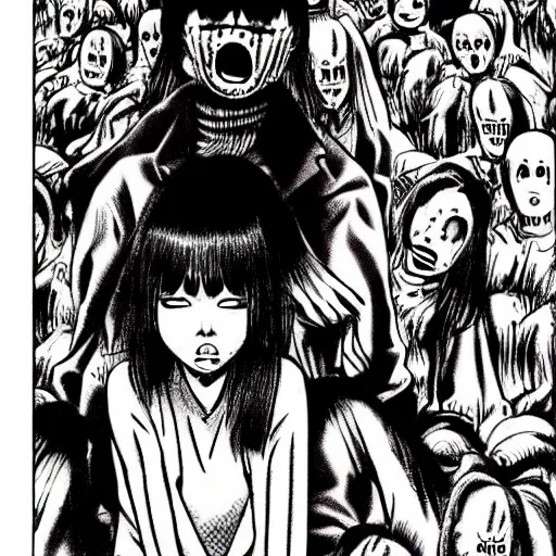 Prompt: a horror movie in a junji ito art style, horror manga, ultra detailed, ink