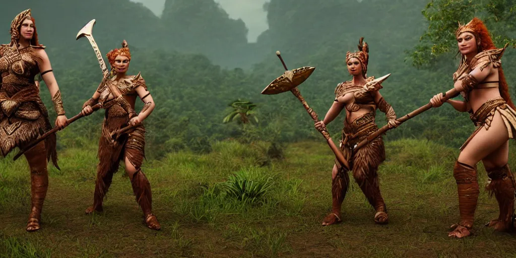 Image similar to armoured ginger dwaven women wielding a hammer and shield, jungle clearing, awesome floating mountain in the shape of a human heart. 4k realism distant landscape