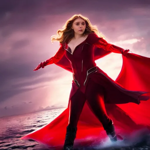 KREA - elizabeth olsen as the scarlet witch afloat in the air with red  eyes, red magic surrounds her, trending on artstation, 8 k quality,  cgsociety contest winner, artstation hd, artstation hq