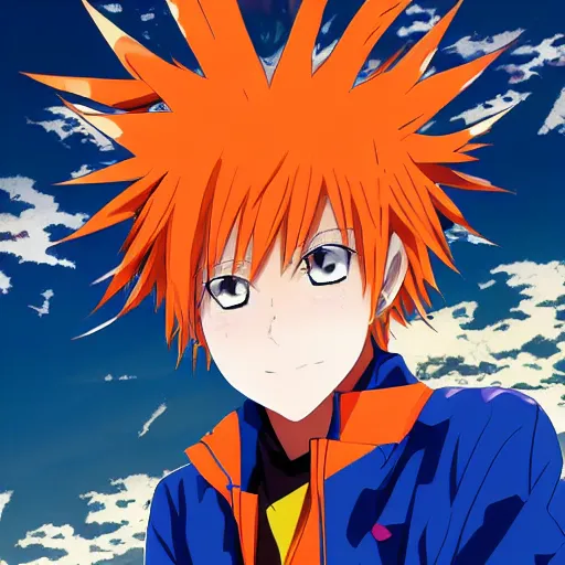 Image similar to orange - haired anime boy, 1 7 - year - old anime boy with wild spiky hair, wearing blue jacket, golden hour, partly cloudy sky, red clouds, orange sky, old town, strong lighting, strong shadows, vivid hues, ultra - realistic, sharp details, subsurface scattering, intricate details, hd anime, 2 0 1 9 anime