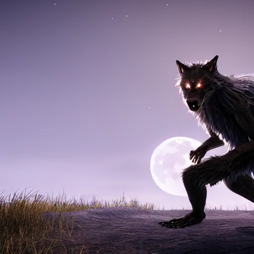 Prompt: young man transforming into a feral werewolf with a tail under the moon with black soft realistic fur, ultra detail, unreal engine, 8 k, ssao