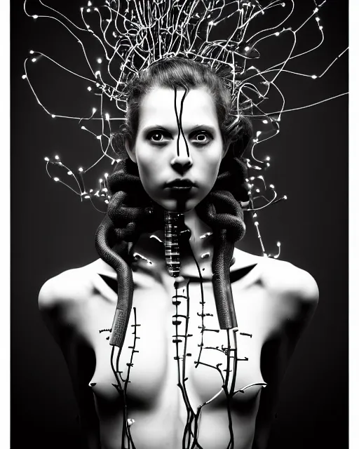 Image similar to black and white young cyborg - plant goddess high quality photo, microchip, artificial intelligence, bio - mechanical bio - luminescence, black wired cables, cinematic, rim light, photo - realistic, 8 k, in the style of steven meisel and dora maar and h. g. giger