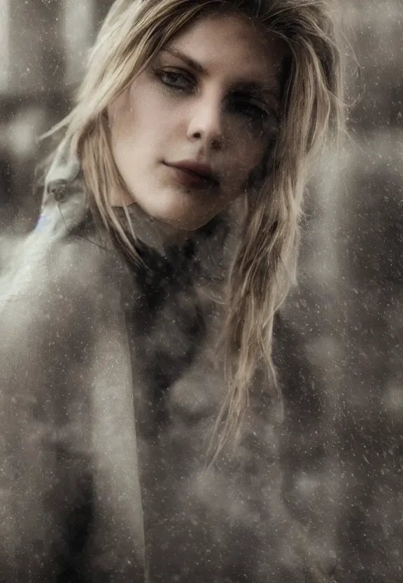 Image similar to cute model annie leonhart posing in dunwall city, beautiful face, detailed face, realistic eyes, cinematic lighting, rainy weather, melancholy atmosphere, volumetric light, gothic architecture, realistic reflections, model agency, instagram photo, depression atmosphere, shot on sony a 7, beauty filter, postprocessing