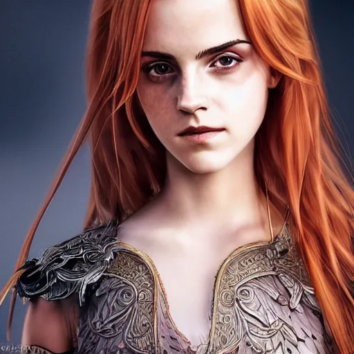 Image similar to emma watson as a long - red - haired female knight as an absurdly beautiful, elegant, young sensual anime girl,, ultrafine hyperrealistic detailed face illustration by kim jung gi, irakli nadar, intricate linework, sharp focus, bright colors, matte, final fantasy, unreal engine highly rendered, global illumination, radiant light, intricate environment