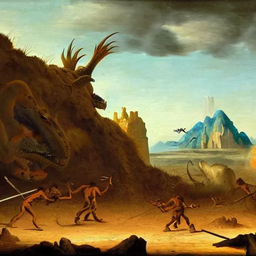 Prompt: A painting of a dinosaur fighting with serval cavemen armed with spears, coarse canvas, visible brushstrokes, painting by Jan van Goyen