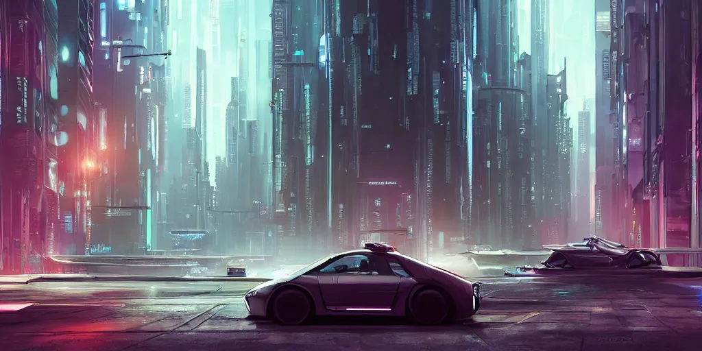 Image similar to a car driving down a street next to tall buildings, cyberpunk art by Vincent Lefevre, cgsociety, retrofuturism, matte painting, reimagined by industrial light and magic