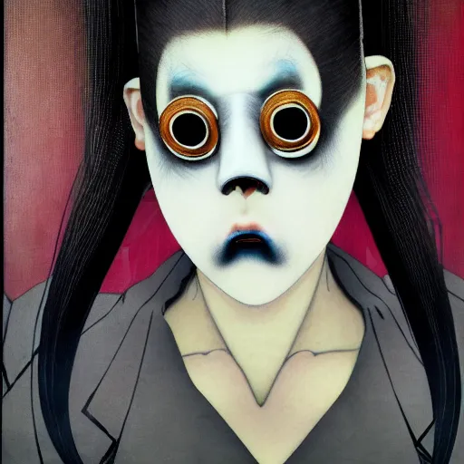 Image similar to yoshitaka amano blurred and dreamy realistic portrait of a young woman with black lipstick and black eyes wearing mask and dress suit with tie, junji ito abstract patterns in the background, face in three quarter view, satoshi kon anime, noisy film grain effect, highly detailed, renaissance oil painting, weird portrait angle, blurred lost edges