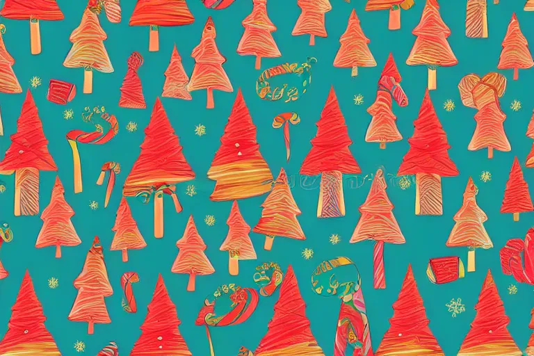 Image similar to a wrapping paper pattern with psychedelic christmas trees print, illustration