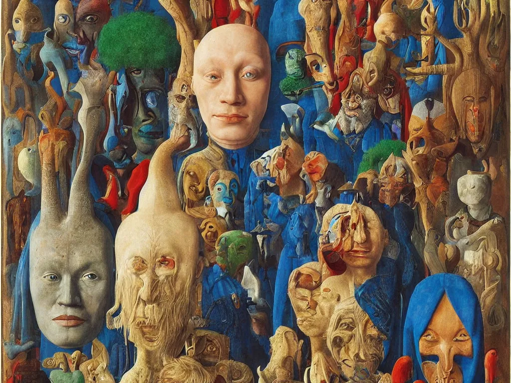 Prompt: portrait of albino mystic with blue eyes, with beautiful exotic, archaic, prehistoric, African Oceanian masks, sculptures. Painting by Jan van Eyck, Audubon, Rene Magritte, Agnes Pelton, Max Ernst, Walton Ford