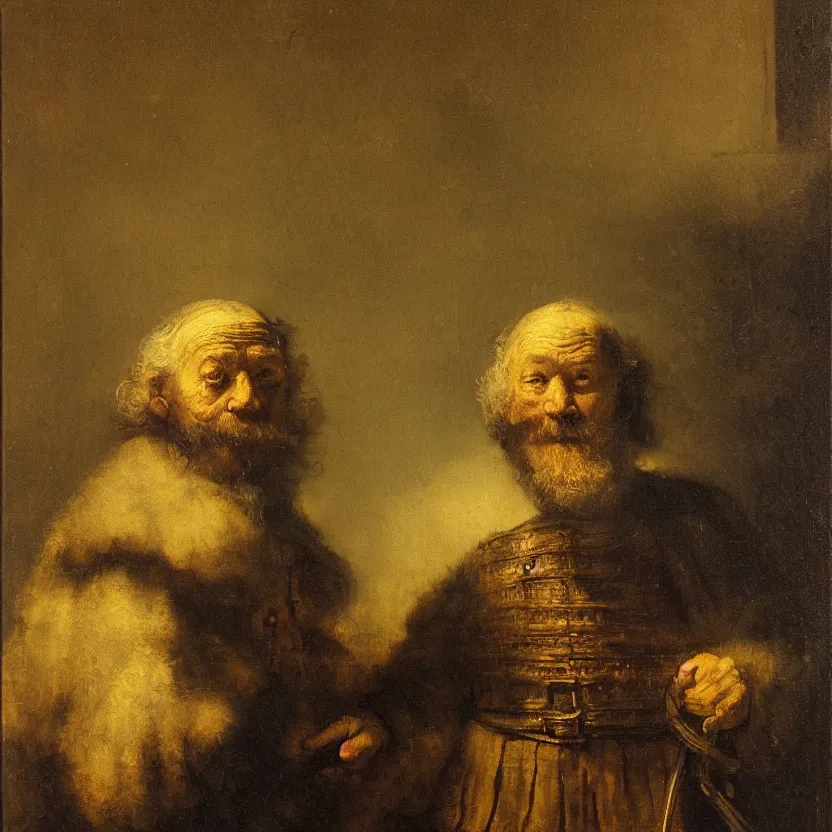 Prompt: Studio portrait of an old man in the style of The Night Watch by Rembrandt; oil painting by Rembrandt van Rijn