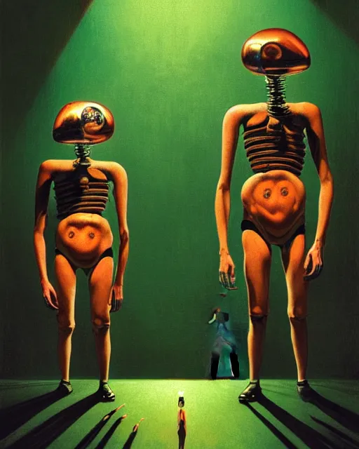 Image similar to hyperrealistic post-punk mechanical iridescent humanoids singing on a stage concept art santiago caruso de chirico sharp dramatic green light 8k low angle shallow depth of field