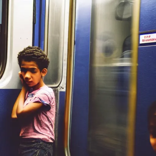 Prompt: a kid feeling anxious on the nyc subway