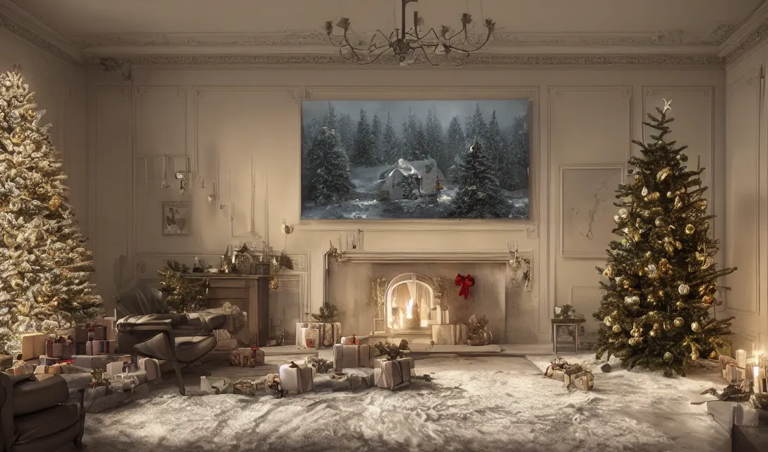 Image similar to a christmas eve in a beautiful home, photorealistic landscape painting on the wall, ascher clemens, home, interior, octane render, deviantart, greg rutkowski, cinematic, key art, hyperrealism, canon eos c 3 0 0, ƒ 1. 8, 3 5 mm, 8 k, medium - format print