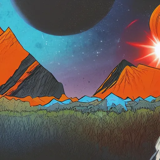 Image similar to orange and blue alien planet horizon with mountains and a solar eclipse, marvel comic book double page