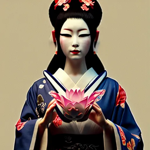 Image similar to an android geisha in a lotus position wearing a flowing kimono and tattoos, octane render, unreal engine, 8 k, cinematic, artwork by ilya kuvshinov