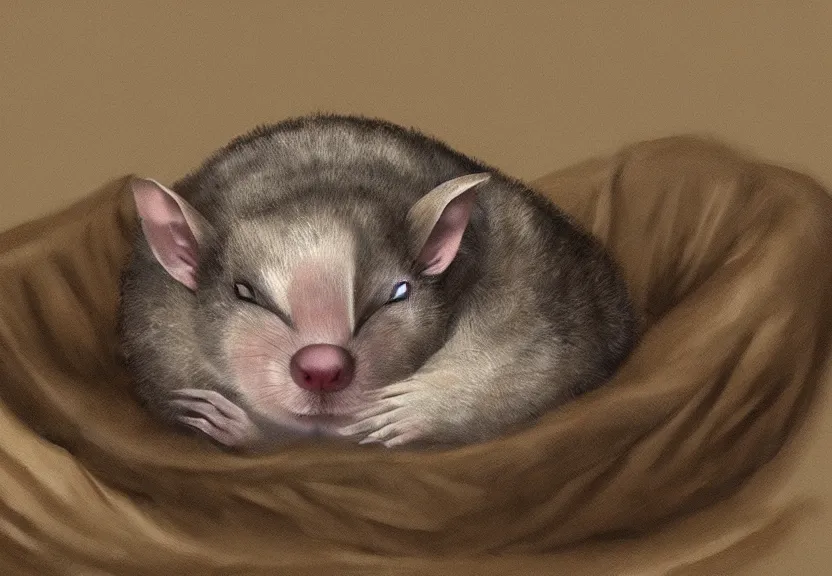 Prompt: possum sleeping in its bed at his bedroom, having a nightmare, dark fantasy, trending on artstation