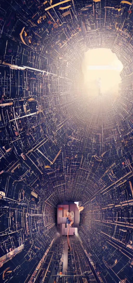 Image similar to wide shot of a man getting trapped inside cern large hadron collider, his body getting pulled apart by particle collision, rendered in octane