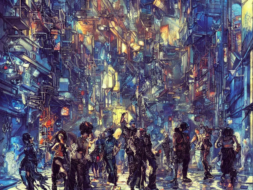 Prompt: a cyberpunk gang in the alleyway between art deco buildings, graffiti, fine detail, intricate, polished, blue color scheme, digital art, illustration, impressionist, by george luks and noriyoshi ohrai