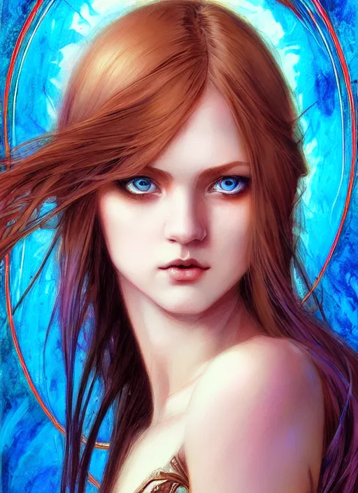 Prompt: beautiful face girl straight hair portrait, big blue eyes, passion, passionate look!, by artgerm, cushart krenz, greg rutkowski, italian style, mucha. art nouveau. gloomhaven, swirly vibrant ripples, gaudy colors, sharp edges. ultra clear detailed. 8 k. elegant, intricate, poster