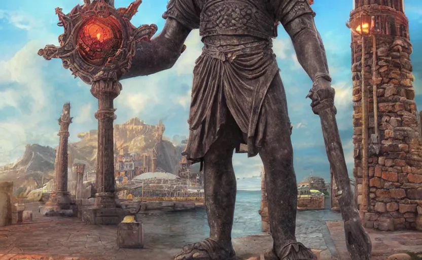 Image similar to A large statue of a wizard guarding the entrance to a port, landscape art, concept art, fantasy, inspiring, colossus of rhodes, bright lighting, colorful