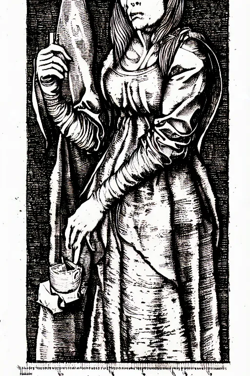 Image similar to dana scully of the apocalypse, pen and ink illustration / renaissance woodcut by albrecht durer 1 4 9 6, 1 2 0 0 dpi scan, ultrasharp detail, hq scan, intricate details, stylized border