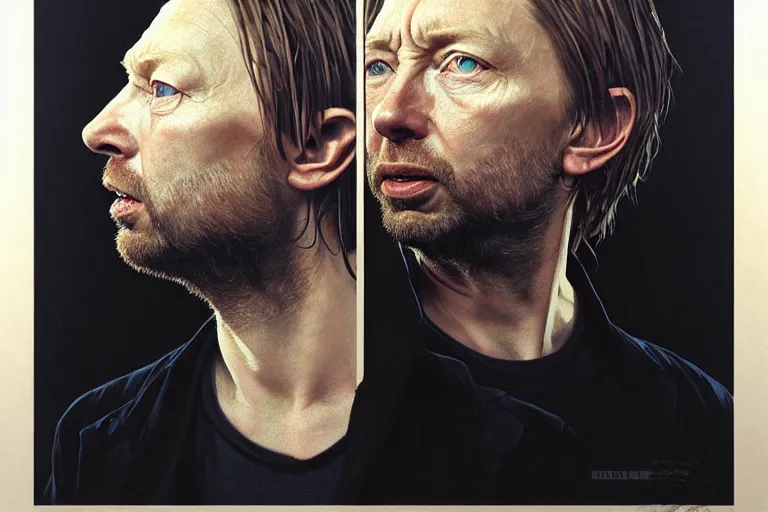 Image similar to hyper realistic portrait of rounder faced thom yorke, bigger nose, bigger chin, sideview, on a stage, by lee bermejo, alphonse mucha and greg rutkowski